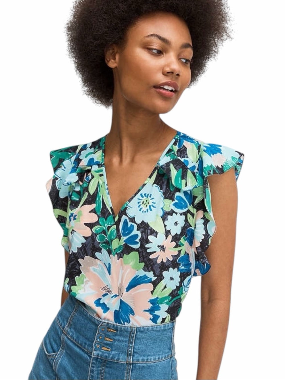 Kate Spade Full Bloom Floral Shell Top Sz S Ruffle Sleeve V-Neck Crepe